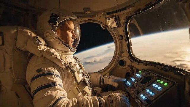 Astronaut piloting a spaceship in outer space