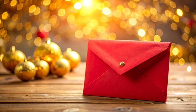 Red envelope on wooden table with christmas decoration and golden bokeh lights