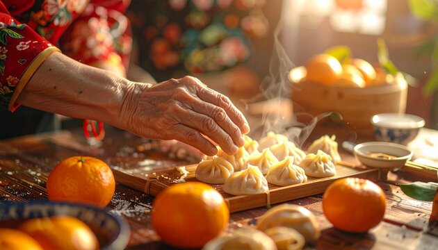 Elderly woman preparing traditional steaming dumplings with fresh citrus fruit in kitchen