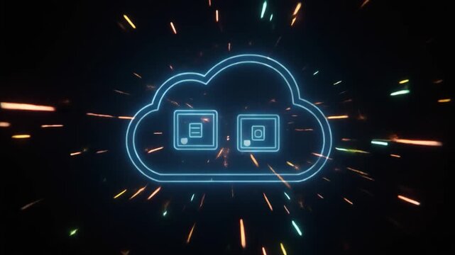Neon blue cloud icon with two square icons inside against a dark background with light streaks technology
