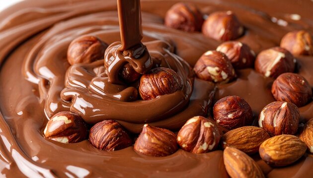 Melted liquid chocolate pouring over whole hazelnuts and nuts background texture