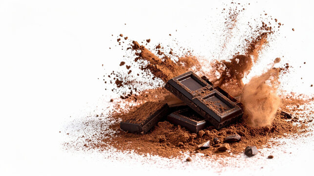 Dark chocolate explosion with flying powder and cocoa chunks on white background