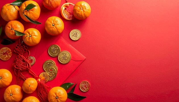 Chinese new year mandarin orange and gold coin decoration on red background celebration