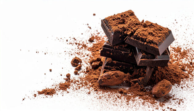 Dark chocolate stack with cocoa powder scattered on white background for confectionery
