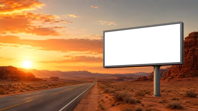 Blank Unipole Billboard Mockup on Desert Highway Roadside at Golden Hour Sunset, Outdoor Advertising Frame Template with Copy Space for Commercial Marketing and Brand Placement Presentation