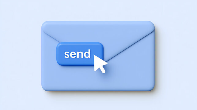 Conceptual 3D rendering of a computer mouse pointer clicking the 'send' button on a soft blue email envelope icon, symbolizing digital communication