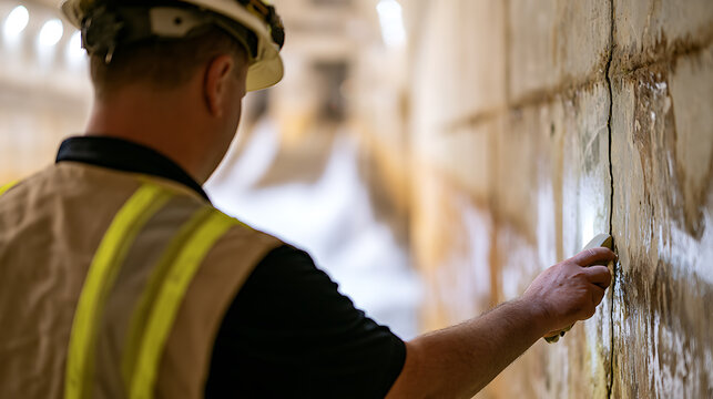 Skilled worker in safety gear inspects a wall, focusing on a deep, wet crack, signifying repair, maintenance, or construction oversight