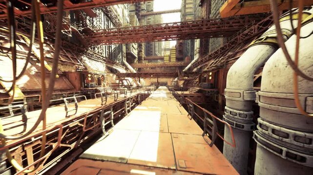 Molten glow foundry corridor with grates and casting stations, intense heat reflections on metal surfaces, soot and slag residues, dramatic orange highlights