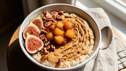 Fototapeta premium Overhead shot of a healthy breakfast bowl with oatmeal, nuts, fruit, and spread