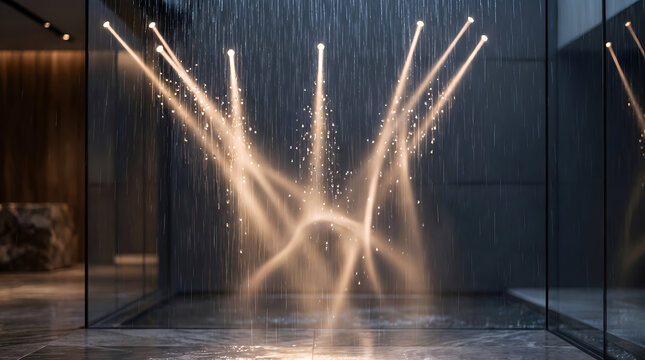 Rainfall shower head with integrated warm spotlights illuminating water droplets in a dark, tiled bathroom enclosure with glass walls