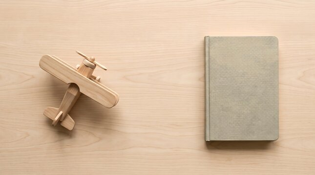 Wooden toy airplane and vintage book, travel concept on wood background
