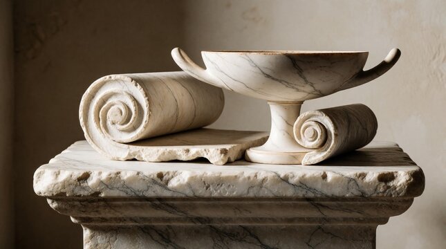 Classical marble kylix cup, ancient scrolls rest on weathered stone pedestal. Antique artifacts symbolize historical culture, education. Still life composition features greek pottery, old manuscripts
