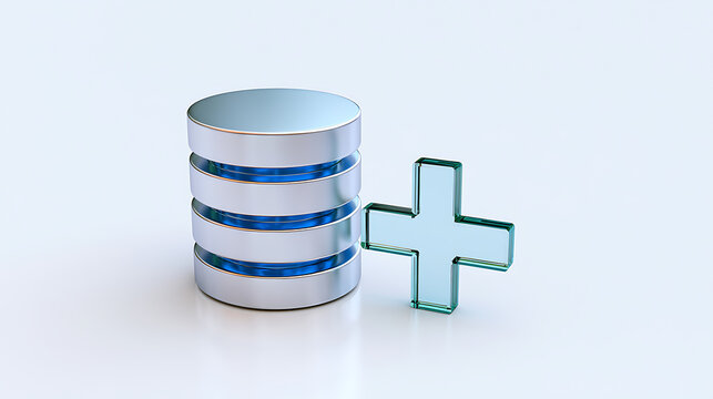 Abstract illustration of a silver and blue cylindrical data storage icon paired with a translucent green plus symbol on a clean white background
