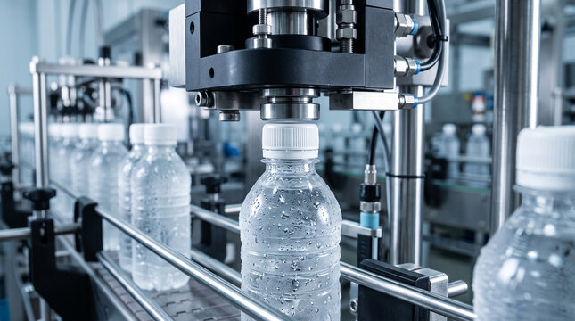 Automated industrial bottling machine capping plastic water bottles on a conveyor belt in a modern manufacturing plant.