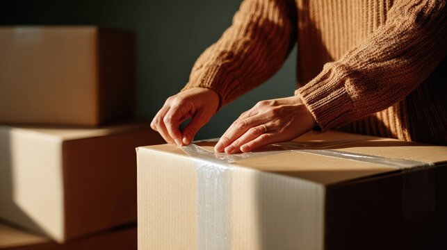 Hands seal a cardboard box with clear tape in soft daylight, creating a cozy packing scene. Warm tones and natural light enhance this small-business shipping atmosphere.
