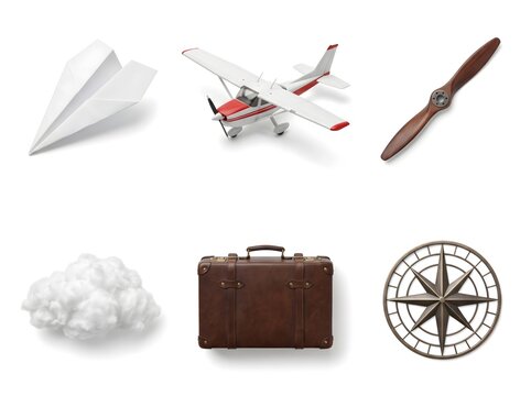 Aviation travel icons set, vintage airplane and suitcase, 6 flight elements