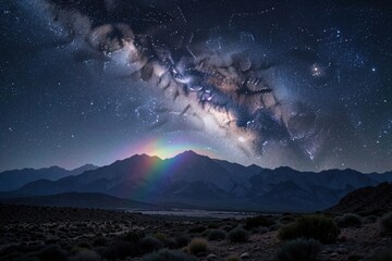 Obraz premium Stunning night landscape shows Milky Way galaxy stretching across dark sky above mountain range. Colorful rainbow appears over peaks under bright stars. Beautiful cosmic view features nebula clouds,