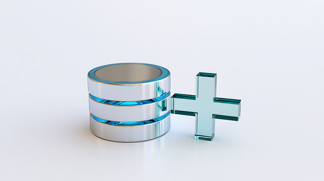 Data Growth Concept: 3D Render of a Sleek Metallic Database Stack with Glowing Blue Accents and a Translucent Plus Symbol on White