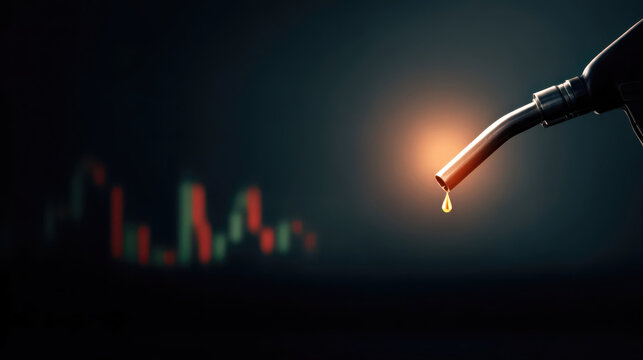 Ultra-realistic close-up of a fuel pump nozzle dripping gasoline against a glowing financial candlestick chart. Dramatic lighting emphasizes fuel price volatility.