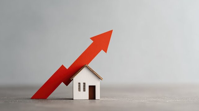 A miniature house stands beside a bold red arrow pointing upward, symbolizing rising real estate prices. The cinematic lighting and shallow depth highlight housing market growth.