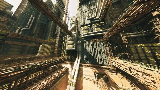 vertical service shaft plunging through layered floors, central pipeline creating dramatic leading line, suspended platforms and ladders, harsh highlights