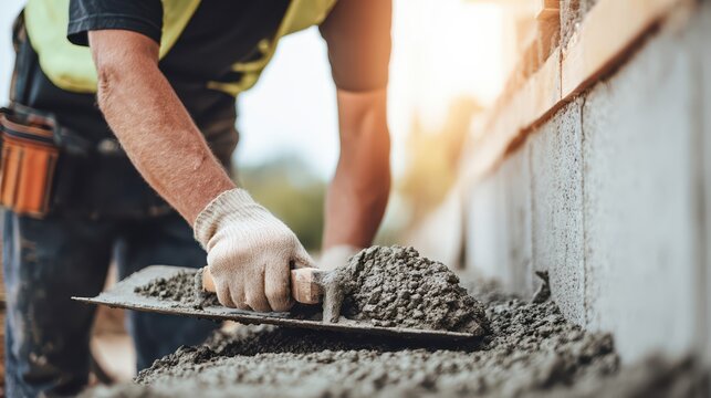 A builder levels fresh concrete with a steel trowel on a building site. The gritty textures and sunlight capture skilled craftsmanship in this ultra-realistic scene.