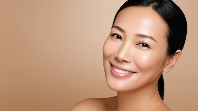 A serene beauty portrait with soft textures and gentle lighting, evoking a calm and wellness-focused mood. The minimal background highlights natural, flawless skin.