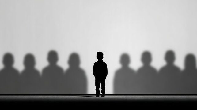 A lone child stands surrounded by oversized crowd shadows, capturing emotional pressure and isolation. Dramatic contrast and ultra realistic lighting enhance the mood.