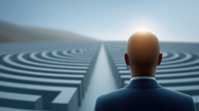 A person faces an intricate maze, representing the complexity of the human mind. Soft light over the head emphasizes mental overload and introspective chaos.
