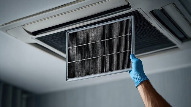 A gloved hand pulls a dusty HVAC air filter from an air conditioning unit. This detailed macro image highlights maintenance, dust, and indoor air quality concepts.