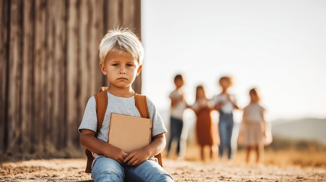 A lonely child sits near a wooden fence, clutching a backpack under warm sunlight. The emotional photo highlights bullying and vulnerability among school children.