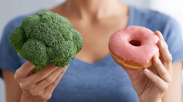A close-up image contrasts a fresh broccoli head and a pink glazed donut held in each hand. This photorealistic shot highlights the choice between healthy and unhealthy food.