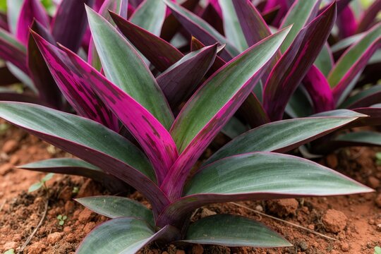 Tradescantia spathacea plant grows in garden soil. Vibrant purple, green leaves feature sharp pointed shape. Tropical foliage creates natural texture outdoor in sunlight. Decorative herb bush with