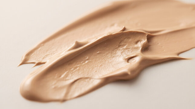 Liquid cosmetic foundation makeup smear on a neutral background for beauty advertising. A smooth beige liquid foundation smear on a clean neutral background.