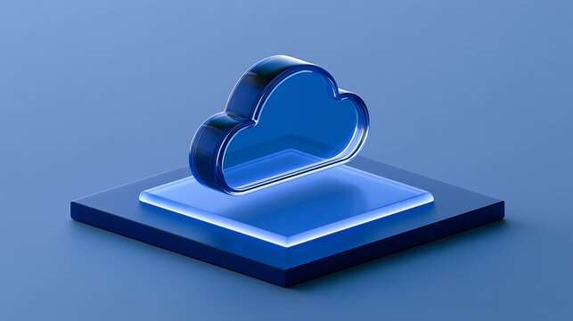 Digital cloud icon floating above glowing platform, representing data storage, computing, and technology in a minimalist blue environment
