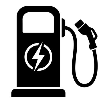 Black electric vehicle charging station icon with power cable and plug symbol on clear transparent base.
