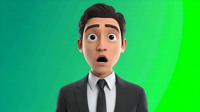 3D animated businessman character looking confused and worried on green screen background 4k video