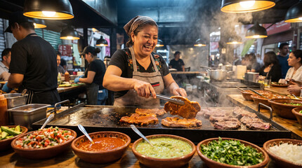 Obraz premium A joyful Mexican chef expertly grills juicy seasoned meat on a sizzling flat top griddle in a vibrant street food restaurant kitchen, surrounded by fresh colorful salsas.