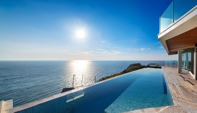 modern seaside home featuring an infinity pool merging with the ocean staircase