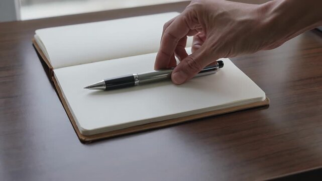 Close up of a hand placing a pen on an open blank notebook on a wooden desk.