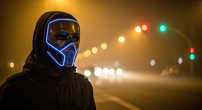Person in glowing futuristic mask stands on a fog-shrouded road at night