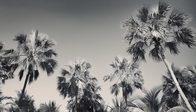 b w palms swaying in a gentle breeze against a pale sky