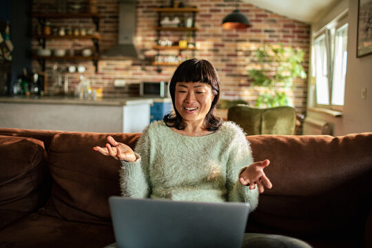 Smiling woman on laptop video call in cozy home living room
