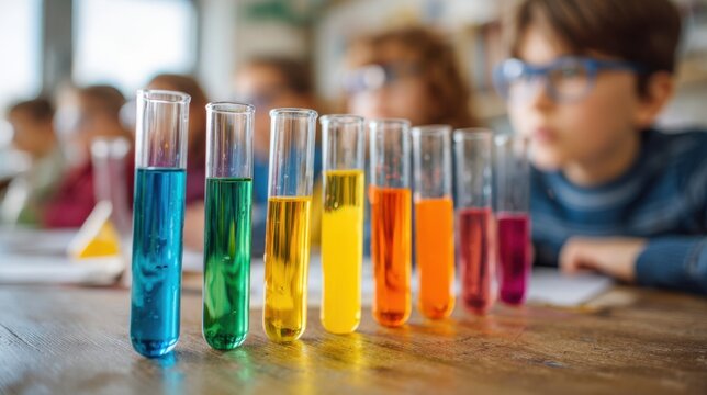 Children attentively watch a chemistry experiment with colorful liquids reacting in test tubes main subject in crisp focus against a blurred classroom background.