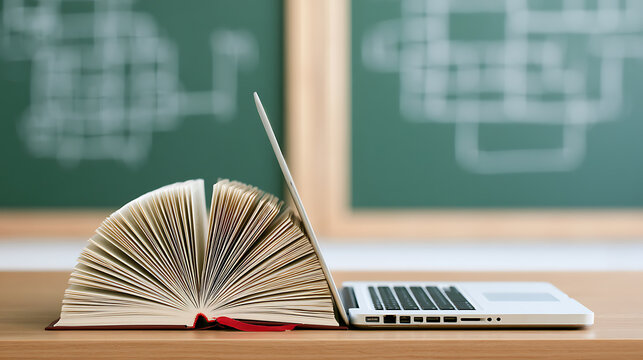 Open Book and Laptop on Wooden Desk with Blurred Chalkboard Background: A Symbol of Modern Education and Traditional Learning
