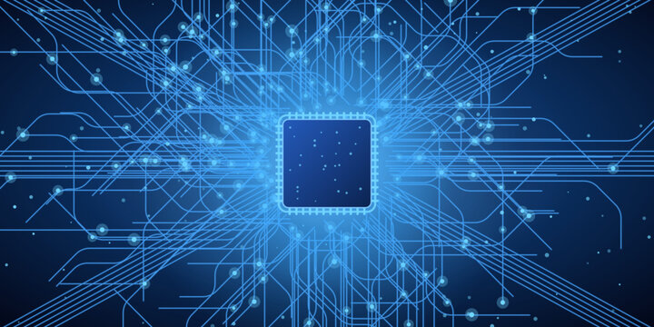 Dynamic blue AI microchip background with a motherboard, a detailed motherboard circuit with a central processor, abstract tech concept for banner, website and branding, edition 4.