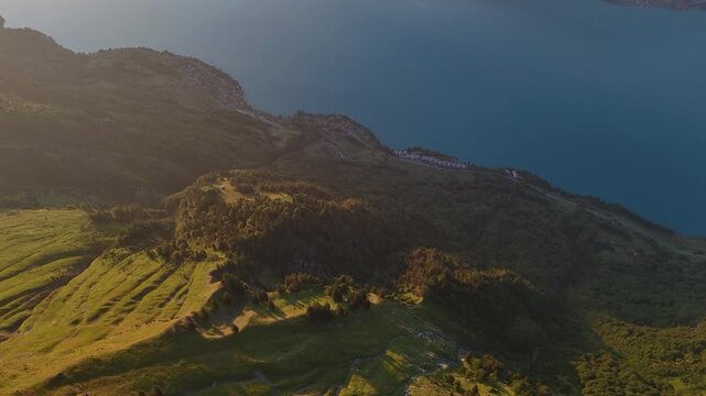 Golden sunrise light sweeps across the green Augstmatthorn ridge above Lake Brienz in the Swiss Alps.