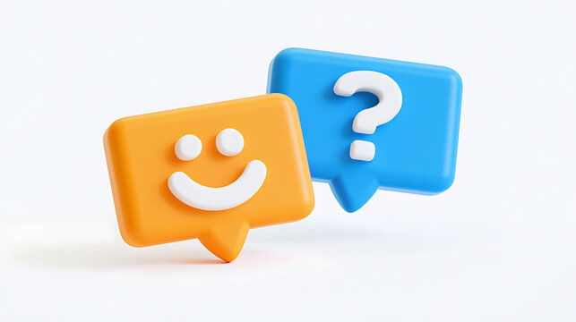 Two 3D message bubbles: one orange with a happy smiley face, the other blue with a question mark, symbolizing communication and inquiry