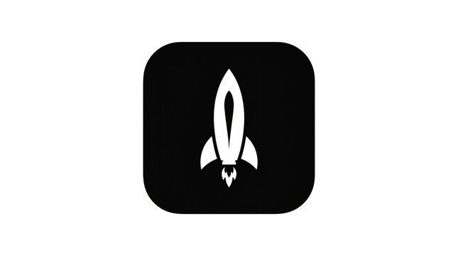 Black and white rocket launch app icon vector illustration depicting startup concept, modern minimalist speed symbol