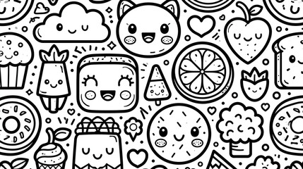 Fototapeta premium Playful doodle pattern featuring cute food and cloud illustrations.